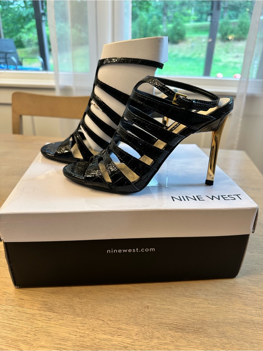 Nine West Black Strappy Gold-Stiletto Heels